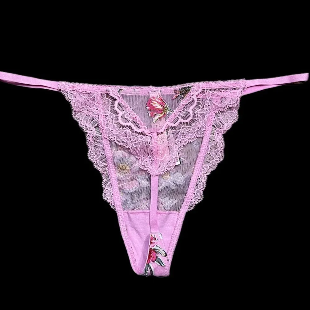 Victorias Secret Dream Angels Floral appliqué Mesh Lace V string panty pink M